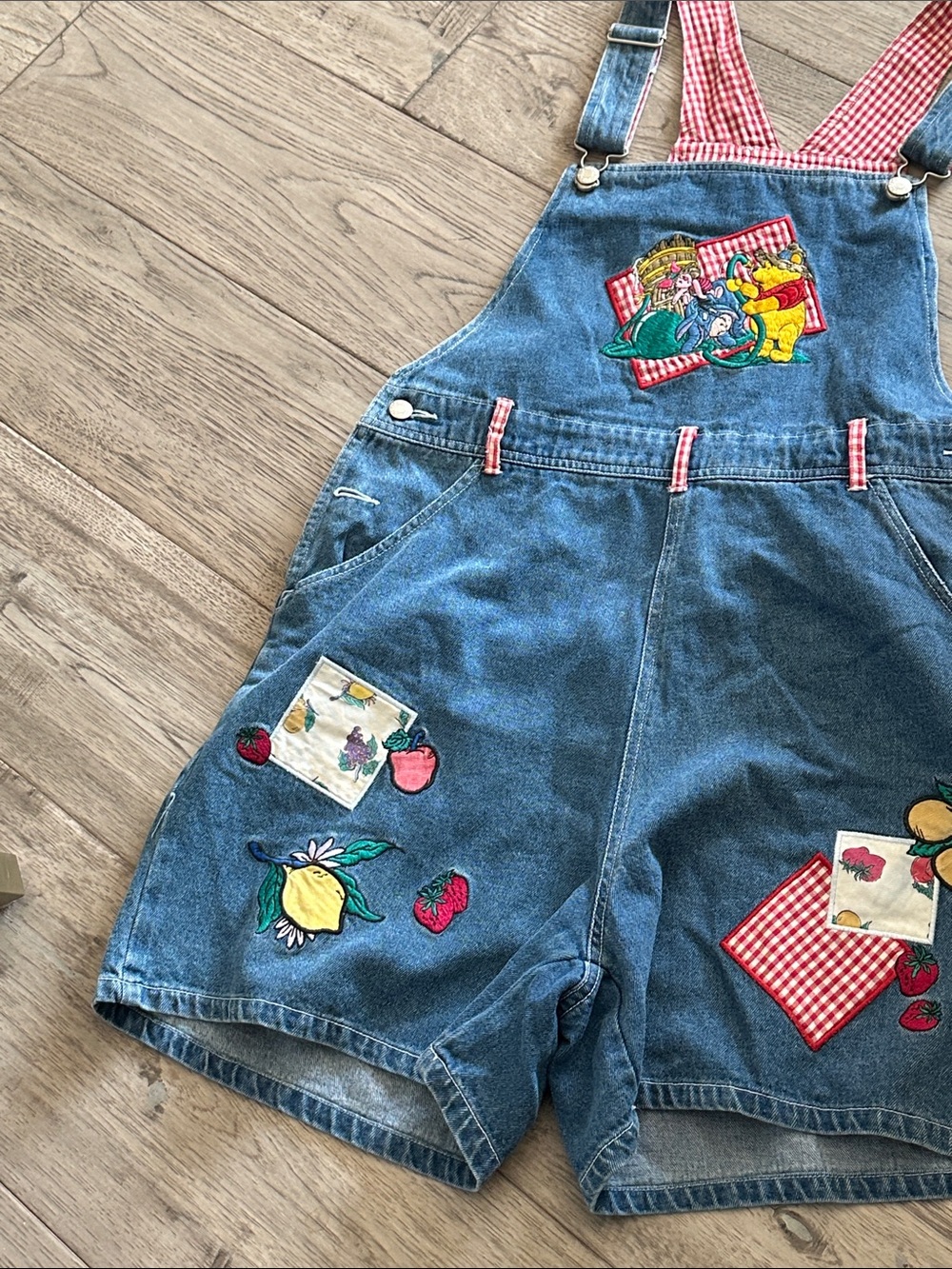 Vintage Disney Denim Overalls Shortalls w Winnie the Pooh Fruitstand Patchwork - Picture 4 of 6